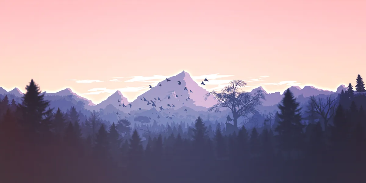 Paysage montagneux paisible avec forêt verdoyante et ciel dégagé, évoquant la sérénité